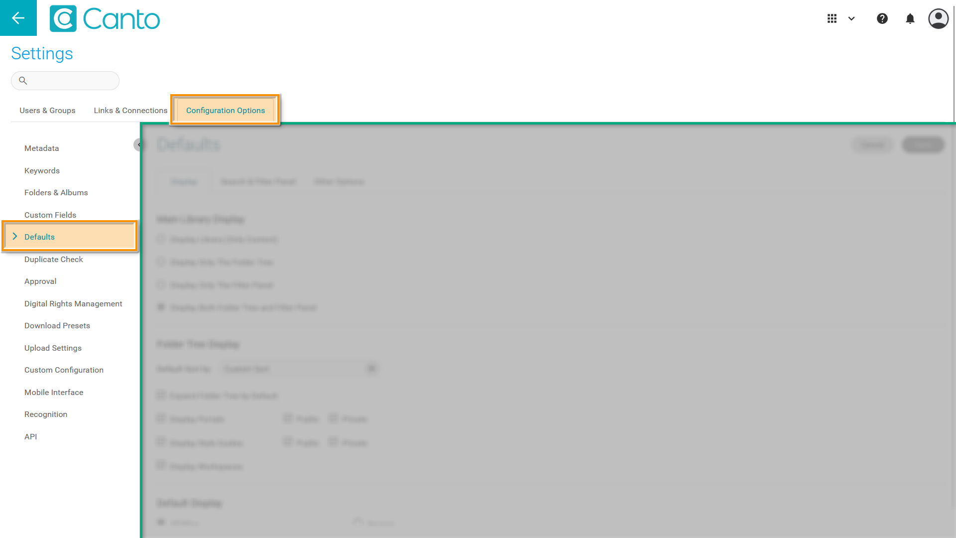 The Settings page, the "Configuration Options" tab is selected - several elements are highlighted.