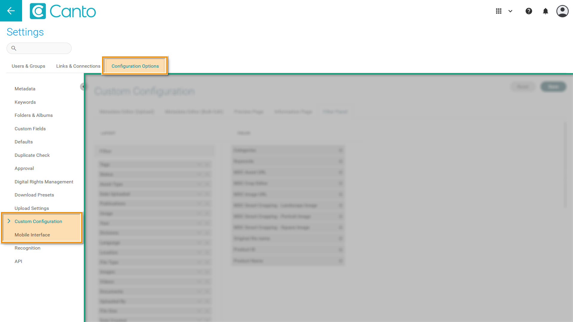 The Settings page, the "Configuration Options" tab is selected - several elements are highlighted.