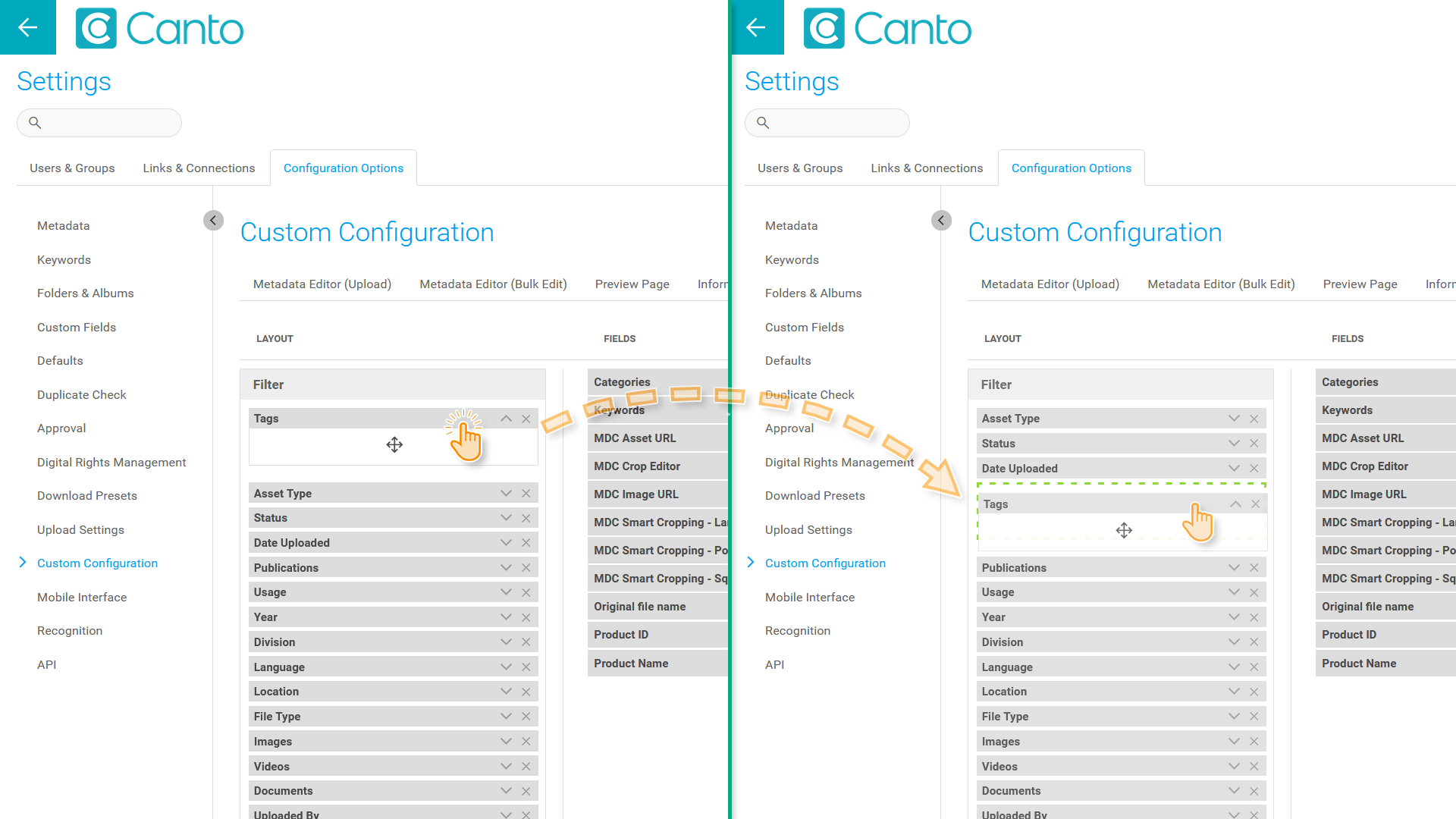 A split image, each side showing the Settings page, the "Custom Configuration" page is visible - a filter section is being dragged and dropped.