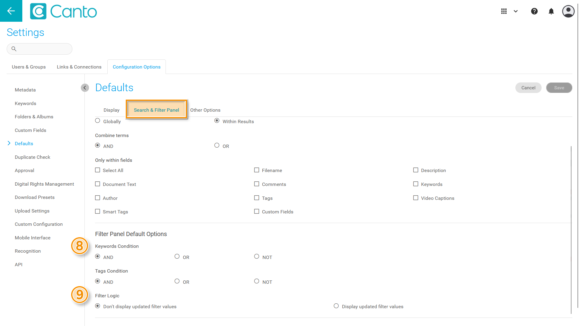 The Settings page, the "Defaults" page is visible - several elements are highlighted.