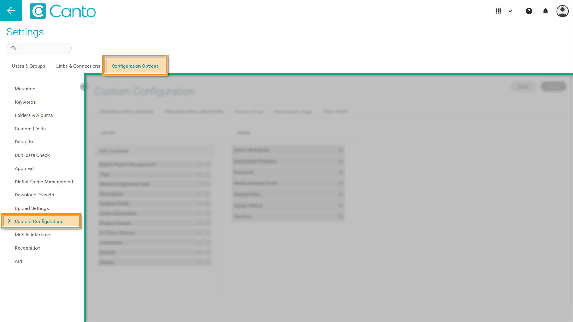 The Settings page - several elements are highlighted.