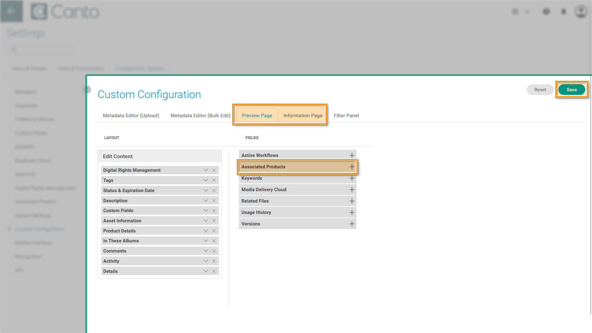 The Settings page - several elements are highlighted.