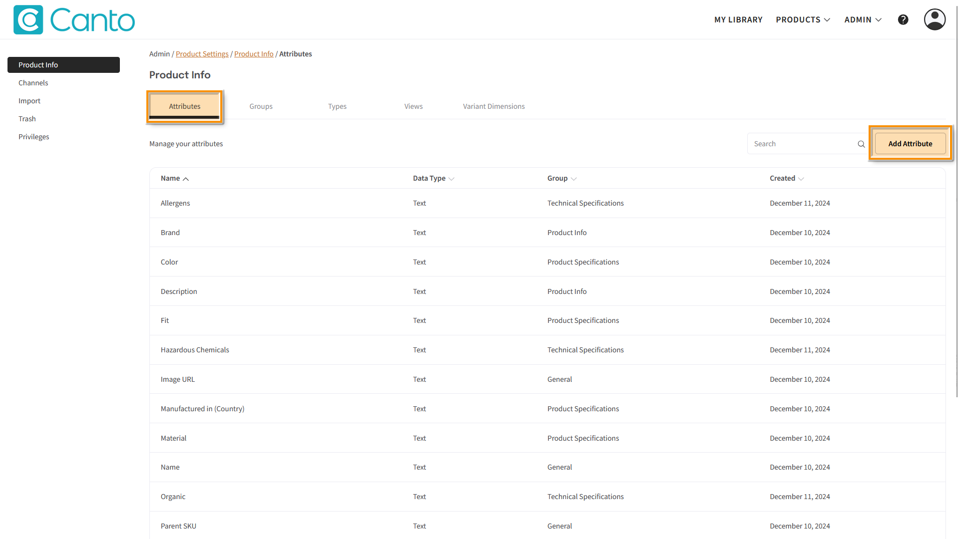 The Product Hub, the Product Info page is visible, and the "Attributes" tab is selected - several elements are highlighted.