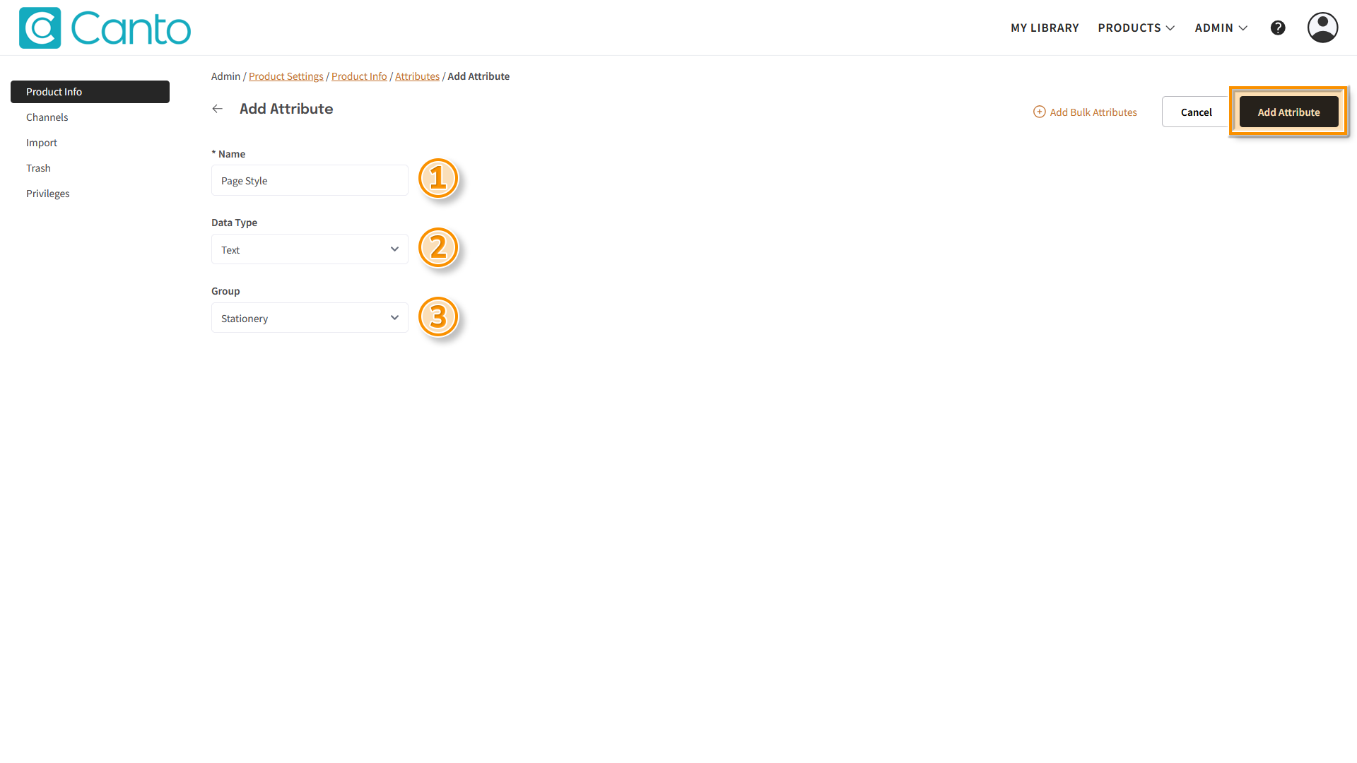 The Product Hub, the "Add Attribute" page is visible - several elements are highlighted.