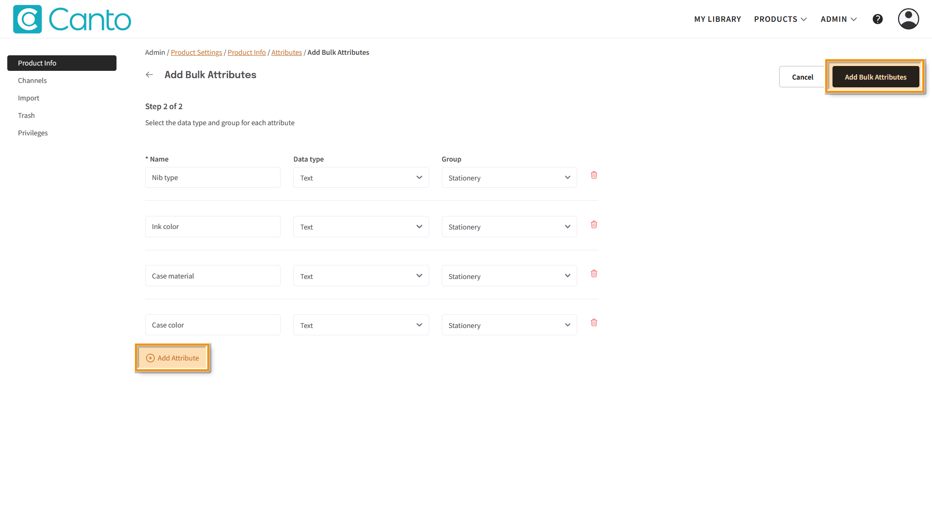 The Product Hub, the "Add Bulk Attribute" page is visible - several elements are highlighted.