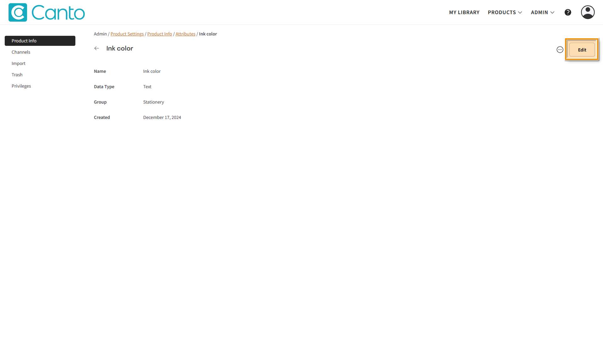 The Product Hub, an Attribute page is visible - the "Edit" button is highlighted.