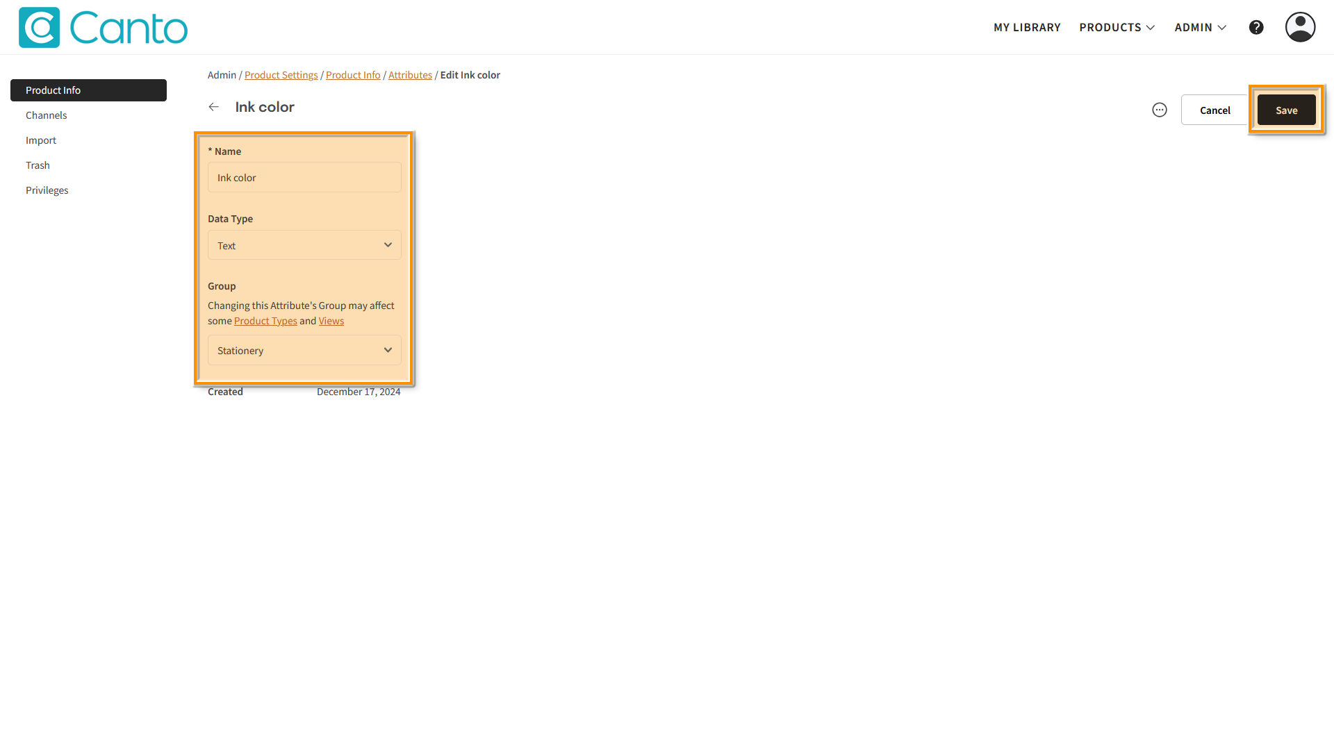 The Product Hub, an Attribute page is visible - several elements are highlighted.