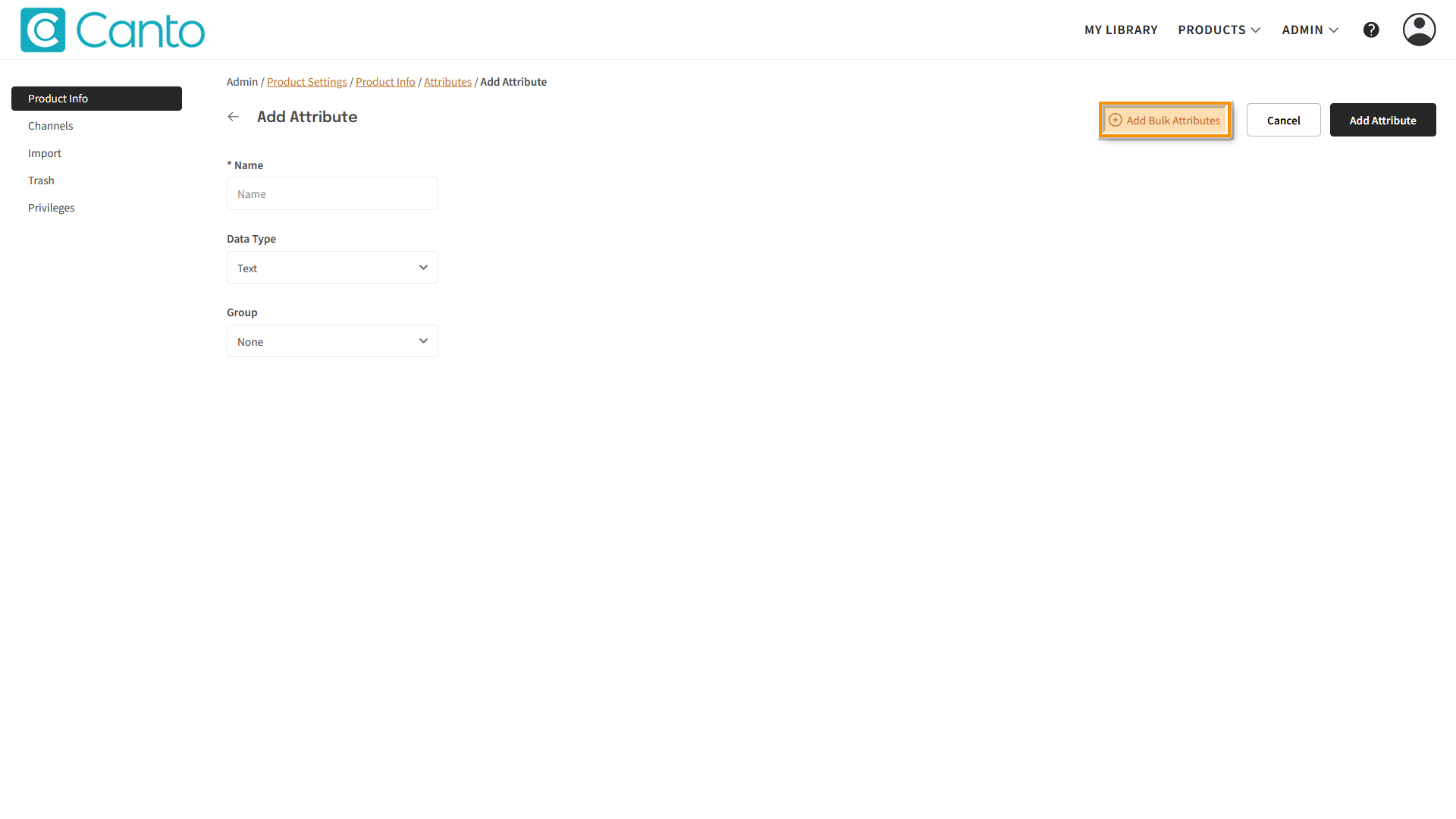 The Product Hub, the "Add Attribute" page is visible - the "Add Bulk Attributes" button is highlighted.