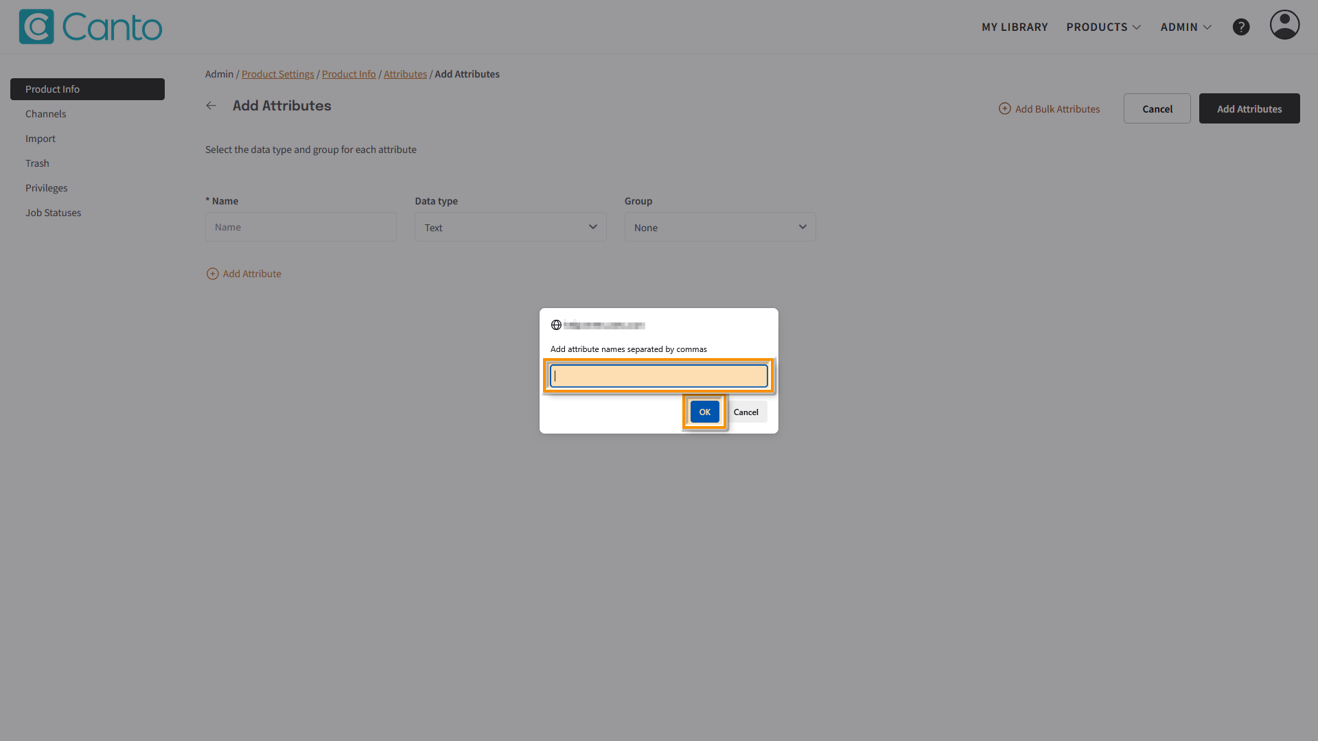 The Product Hub, the "Add Bulk Attribute" page is visible - several elements are highlighted.