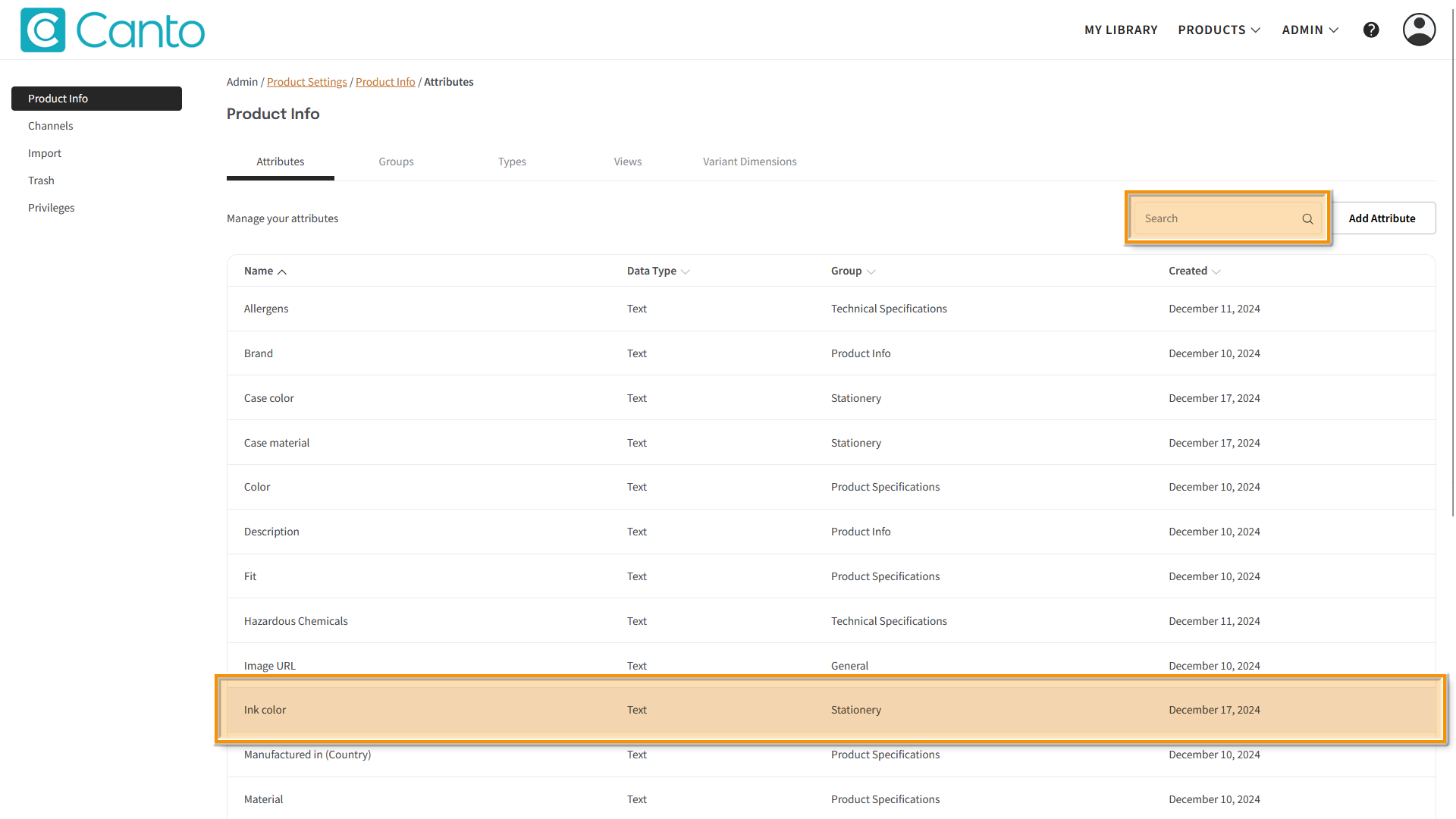 The Product Hub, the Product Info page is visible, and the "Attributes" tab is selected - several elements are highlighted.