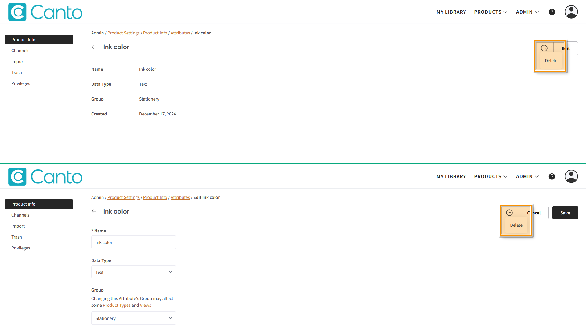 A collage of two versions of the Product Hub, the top showing an Attribute page, the bottom showing the same Attribute page in Edit mode - several elements are highlighted.