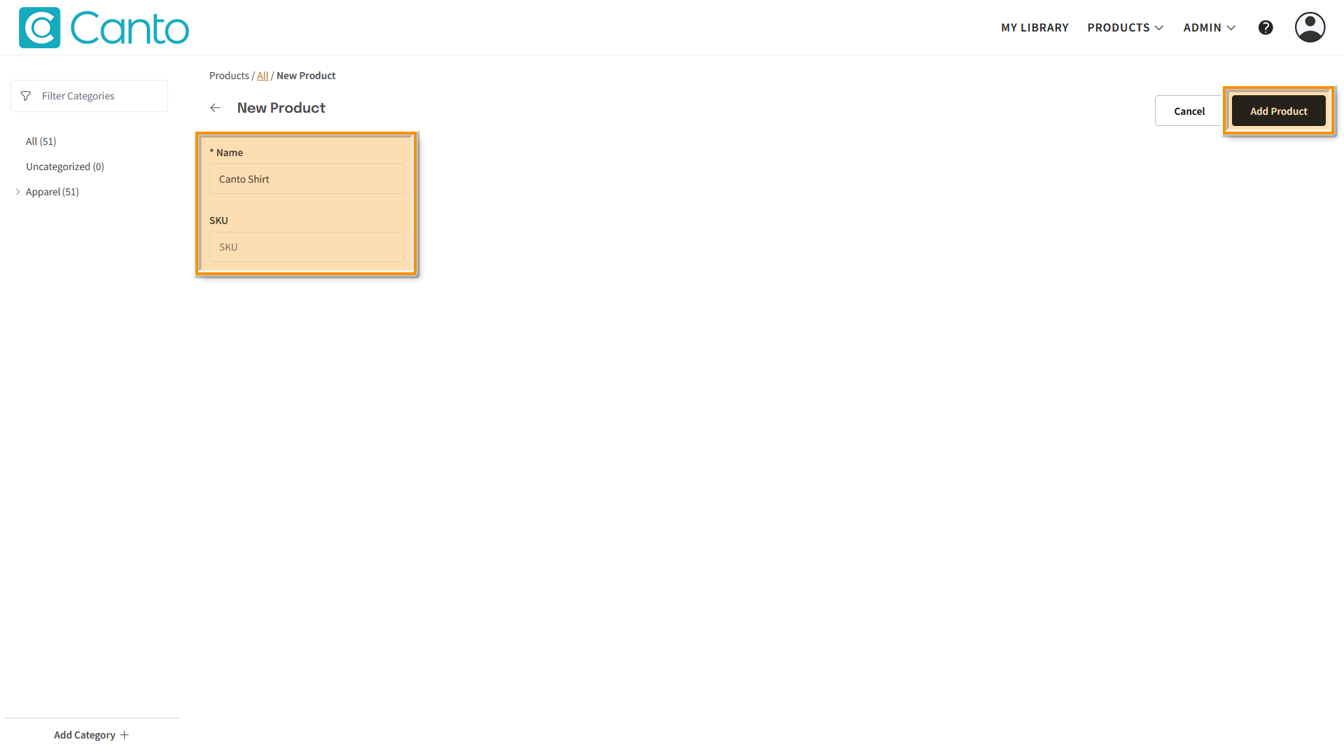 The "New Product" page - several elements are highlighted.