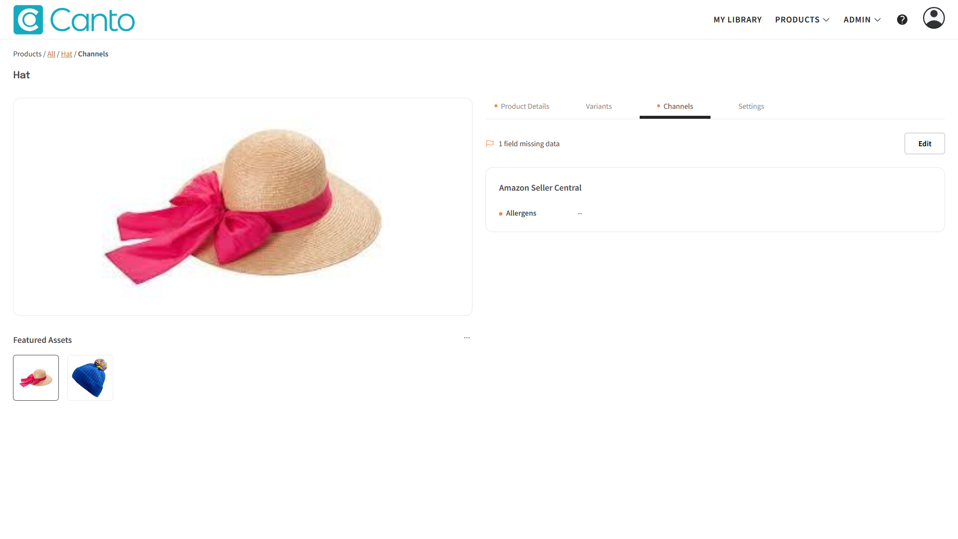 A Product page, the "Channels" tab is visible - several elements are highlighted.