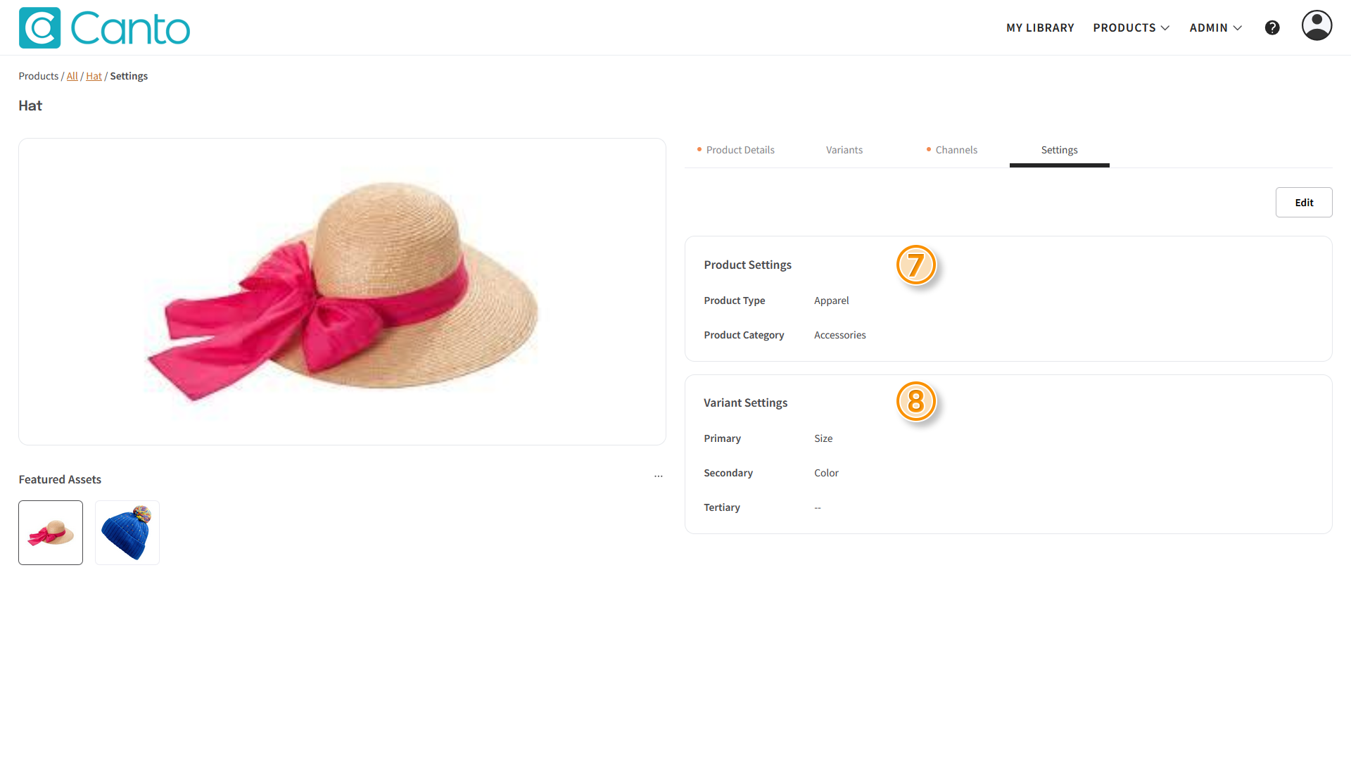 A Product page, the "Settings" tab is visible - several elements are highlighted.