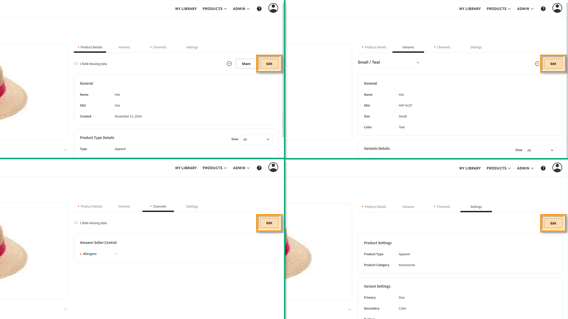 A composit image of a Product page, showing all possible tabs - the "Edit" button is highlighted.