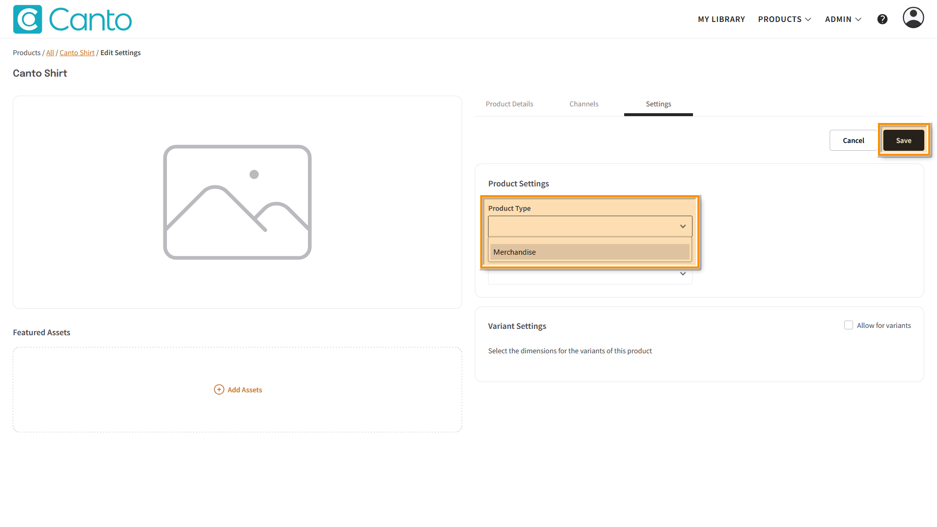 A Product page, the "Settings" tab is visible - several elements are highlighted.