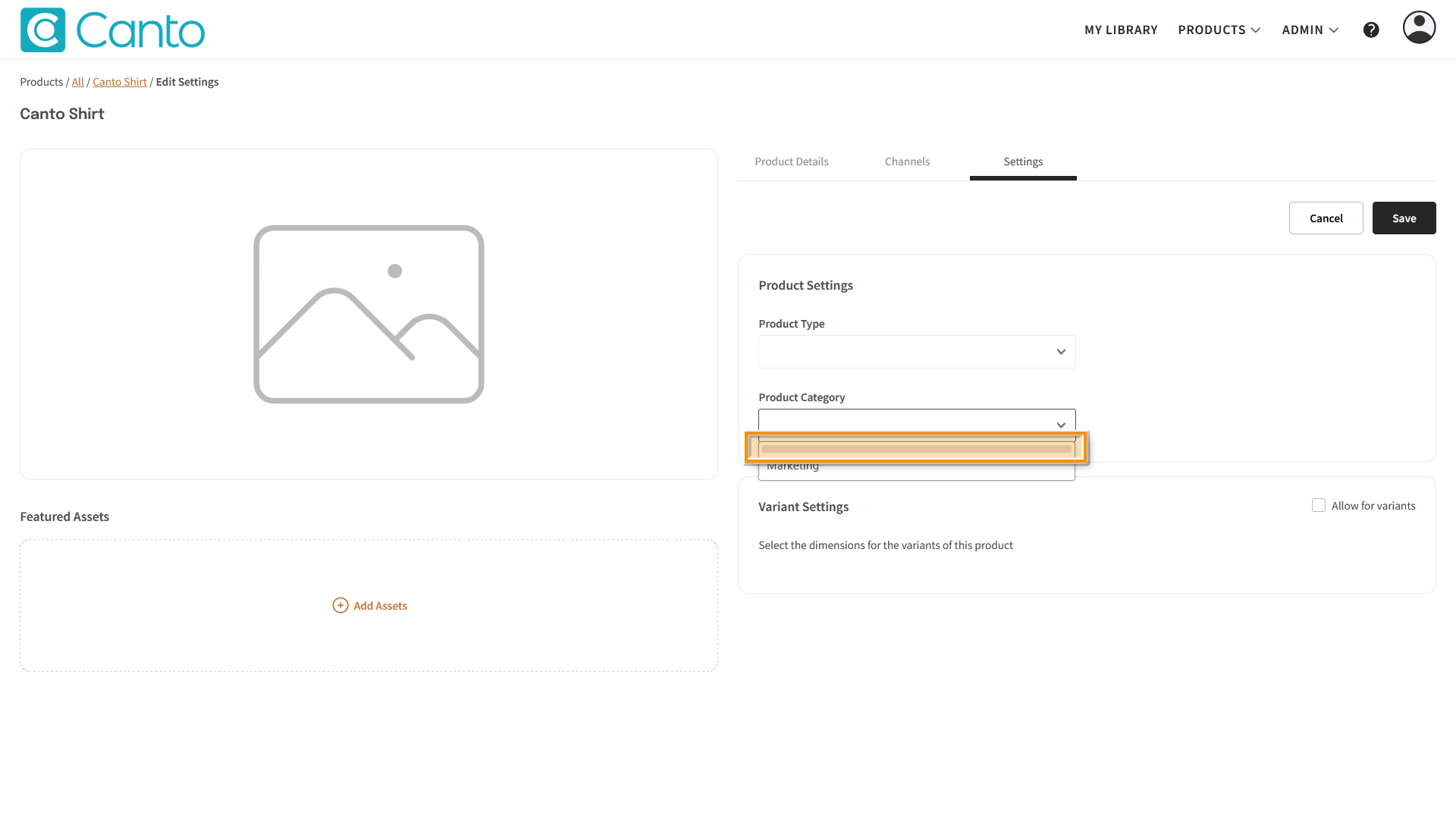 A Product page, the "Settings" tab is visible - the empty Category is highlighted.