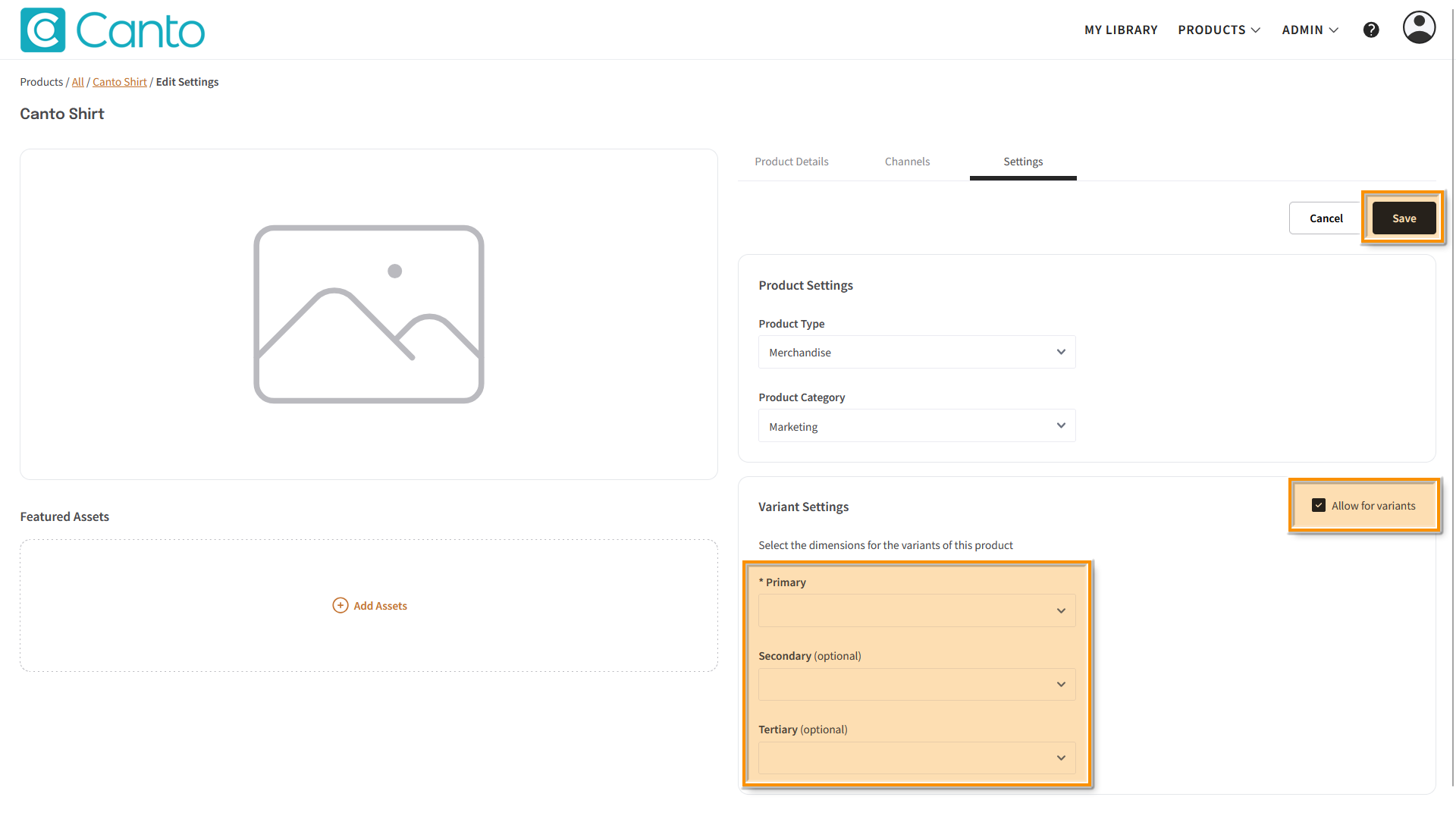 A Product page, the "Settings" tab is visible - several elements are highlighted.
