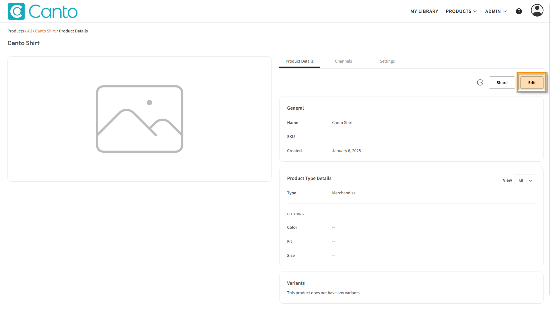 A Product page, the "Product Details" tab is visible - the "Edit" button is highlighted.