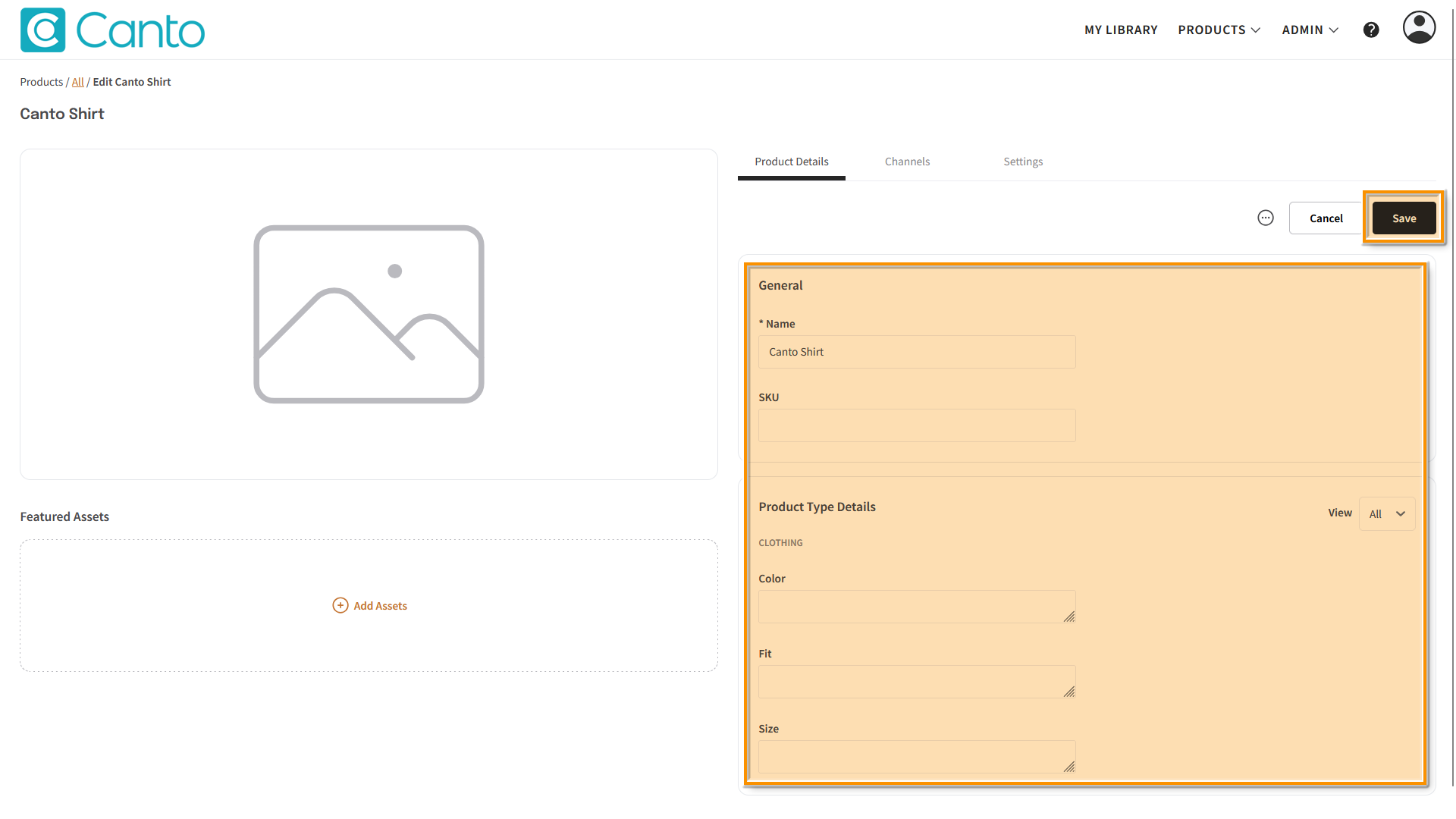 A Product page, the "Product Details" tab is visible - several elements are highlighted.