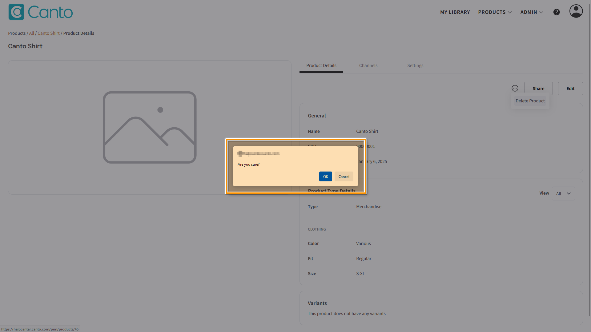 A Product page, the "Product Details" tab is visible - a confirmation dialog is highlighted.