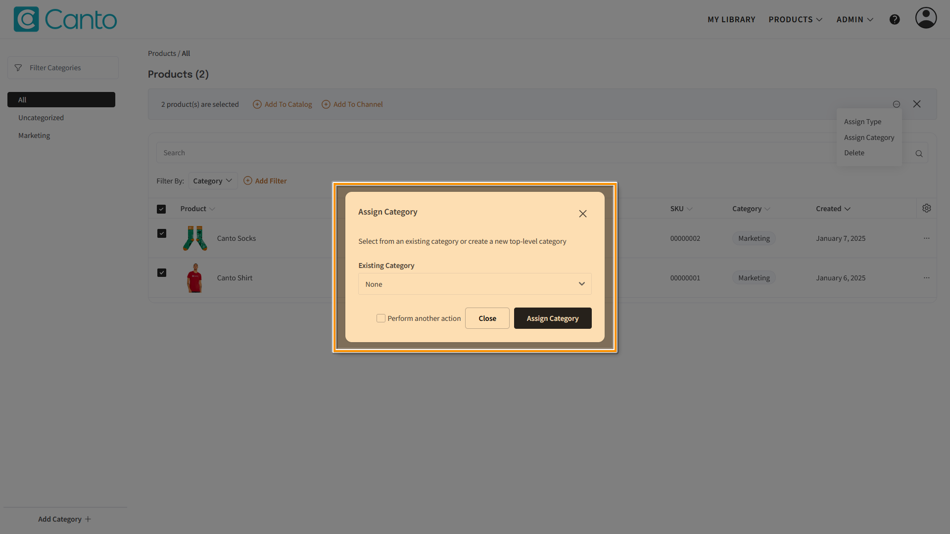 The Product Hub - the "Assign Category" overlay is highlighted.