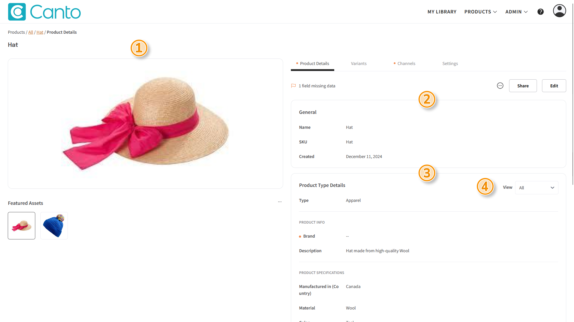 A Product page, the "Product Details" tab is visible - several elements are highlighted.