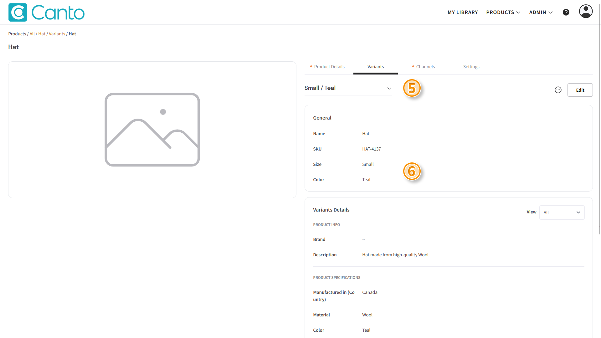 A Product page, the "Variants" tab is visible - several elements are highlighted.