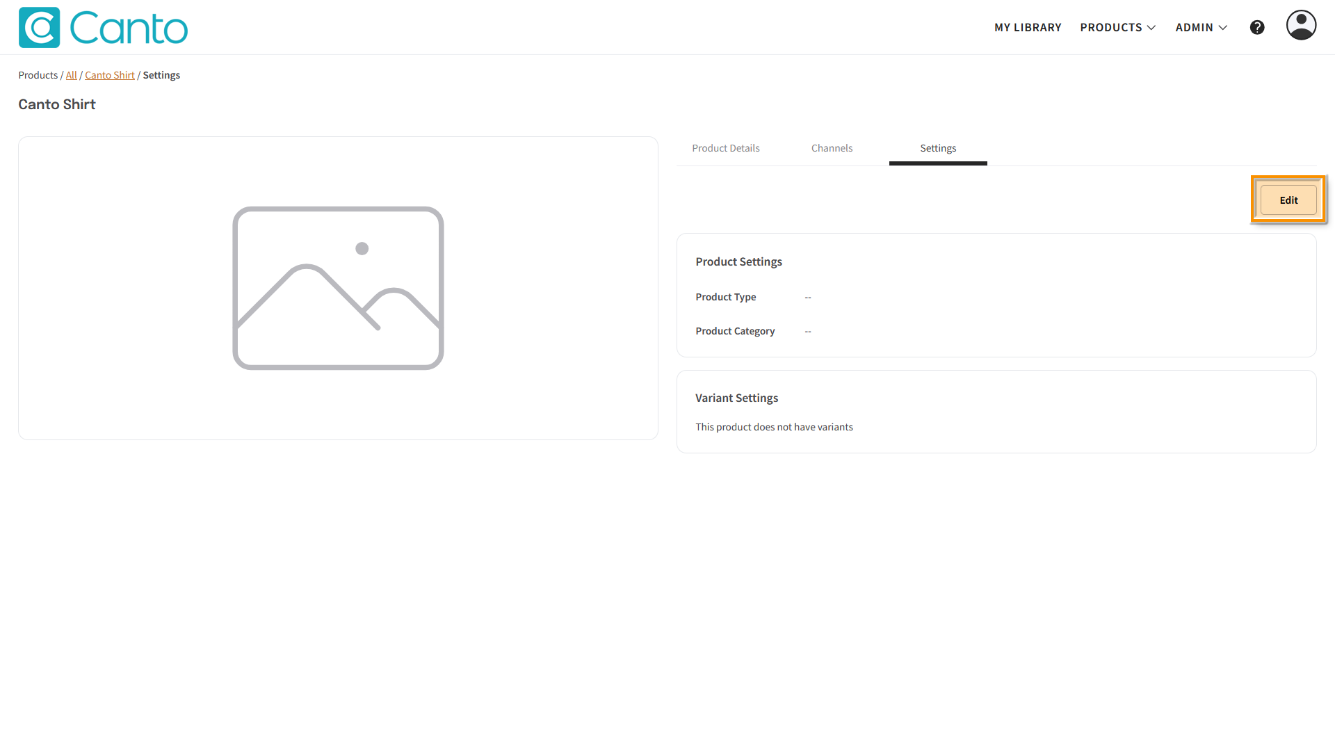 A Product page, the "Settings" tab is visible - the "Edit" button is highlighted.