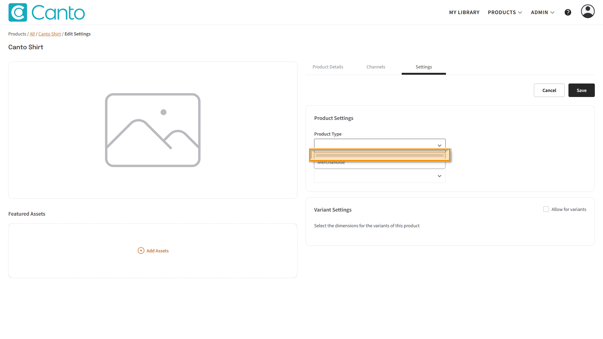 A Product page, the "Settings" tab is visible - the empty Product Type is highlighted.