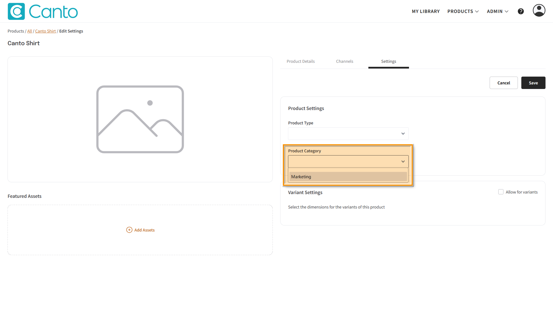 A Product page, the "Settings" tab is visible - the Category selector is highlighted.