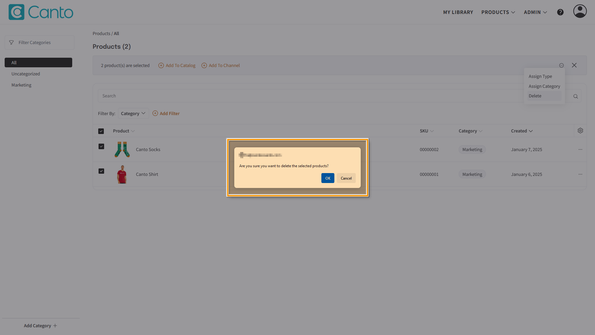 The Product Hub - a confirmation dialog is highlighted.