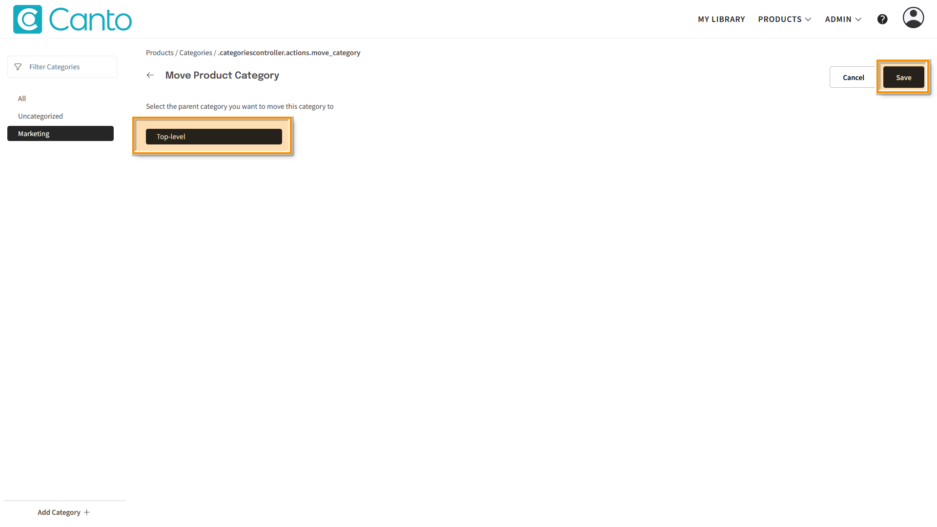 The "Move Product Category" page - several elements are highlighted.