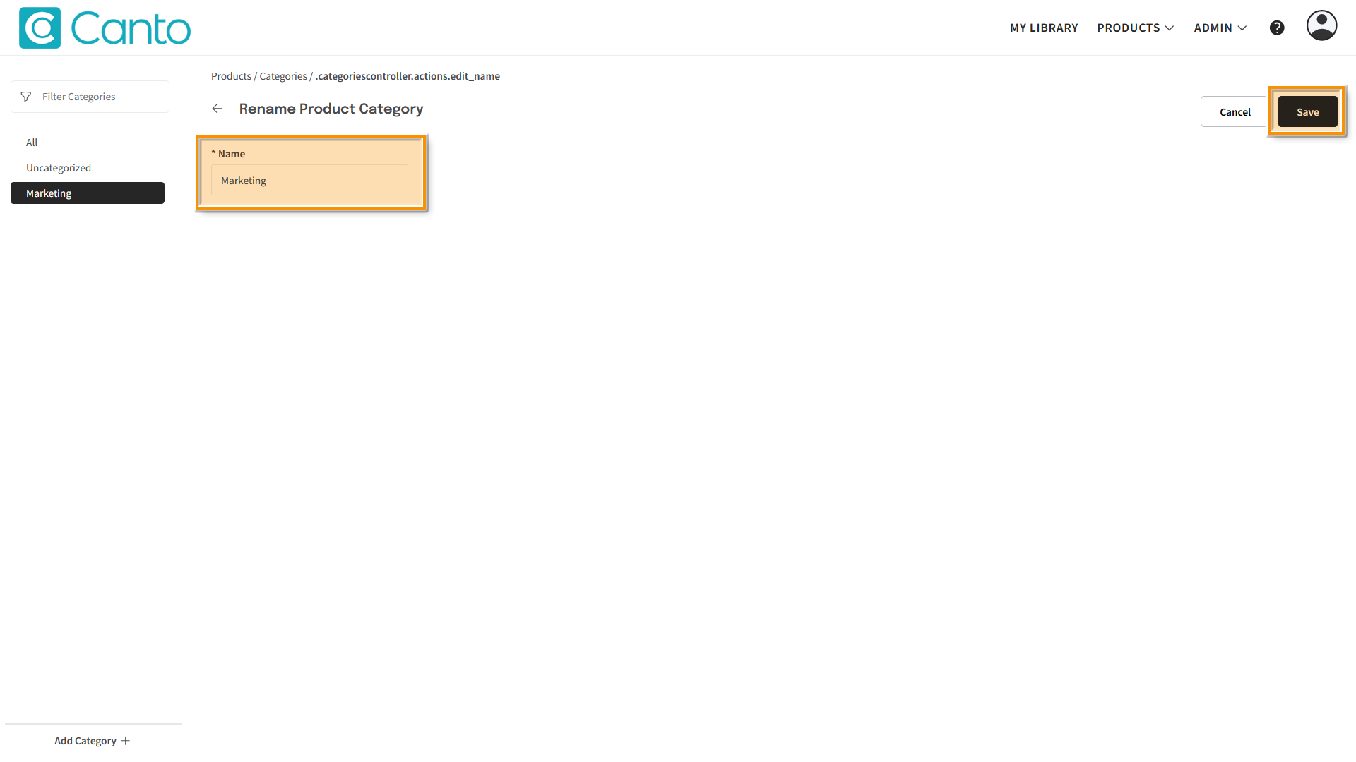 The "Rename Product Category" page - several elements are highlighted.