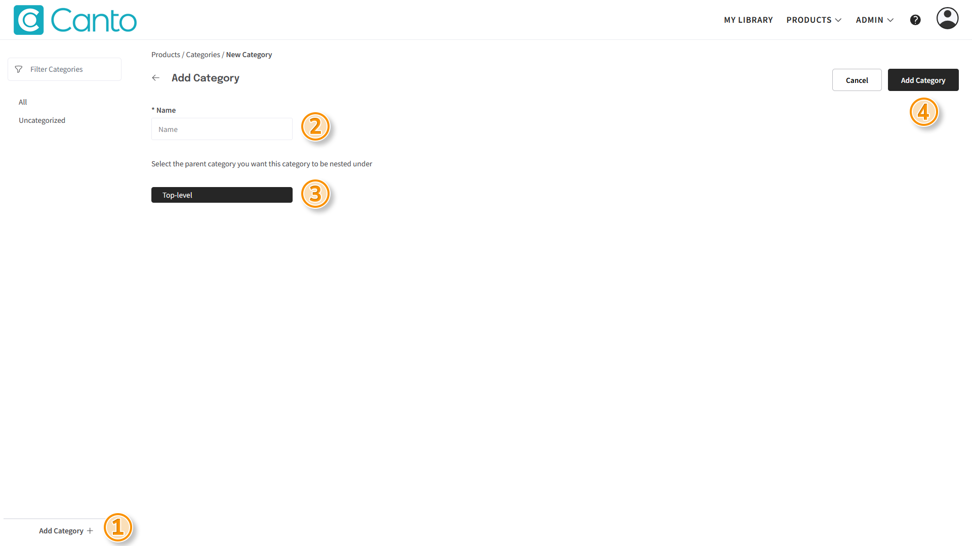 The "Add Category" page - several elements are highlighted.