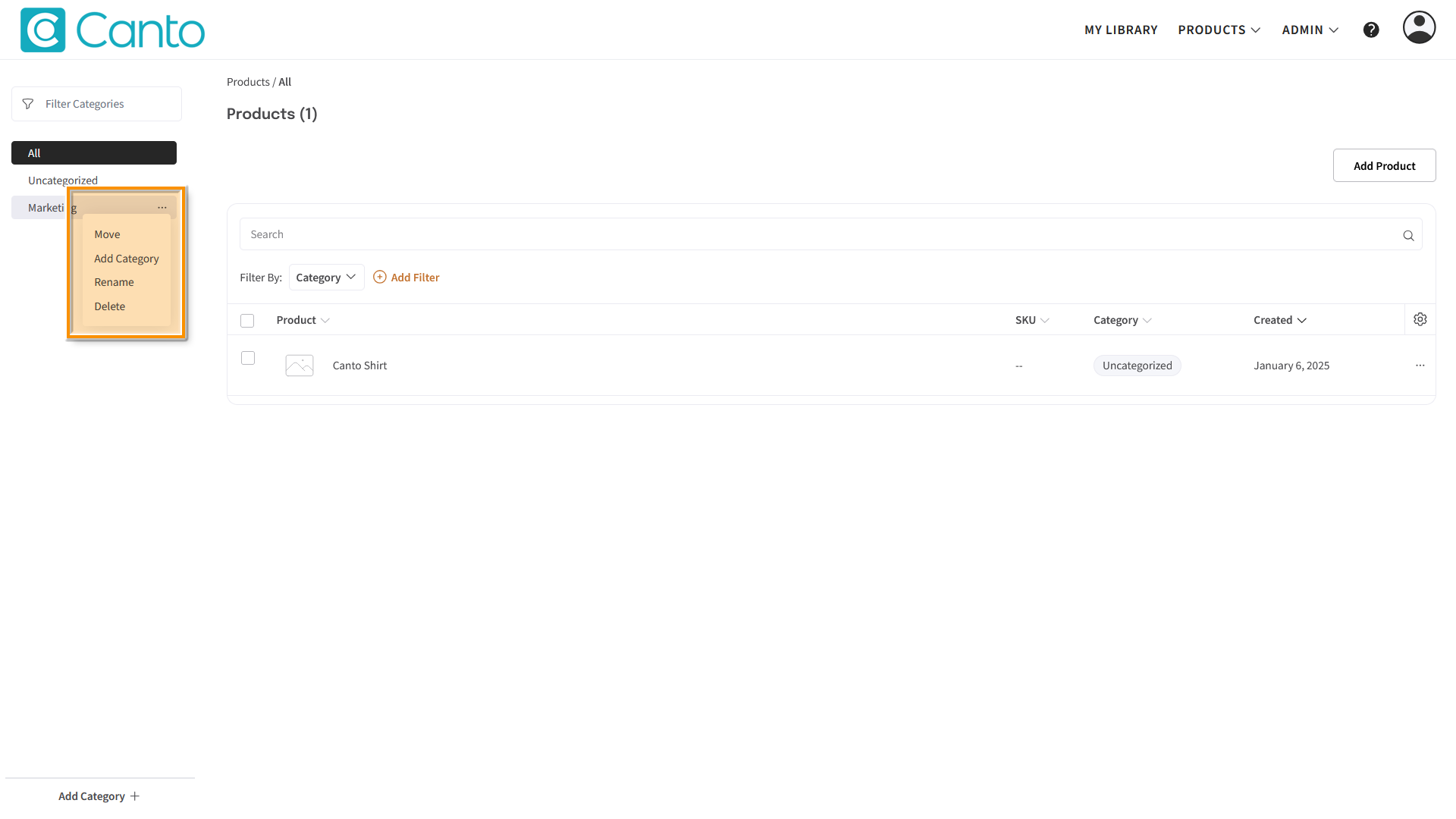The Category page - the context menu is highlighted.