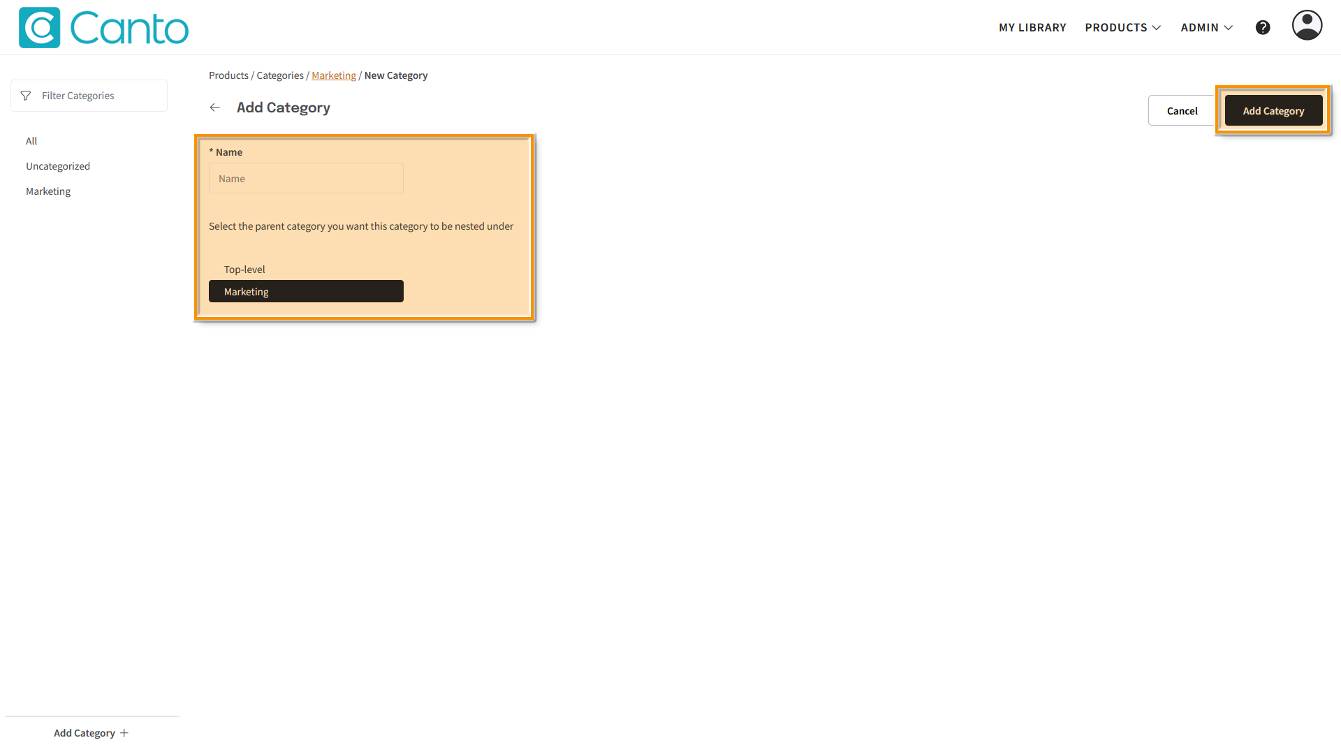 The "Add Category" page - several elements are highlighted.