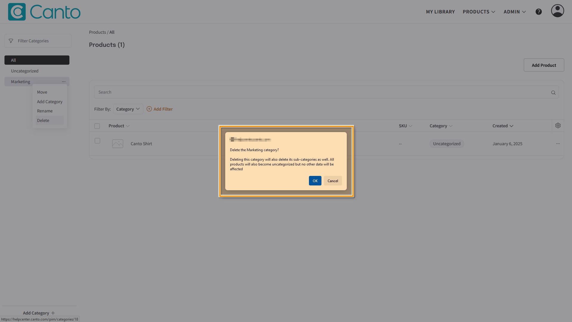 The Category page - the confirmation dialog for the deletion of a Category is highlighted.