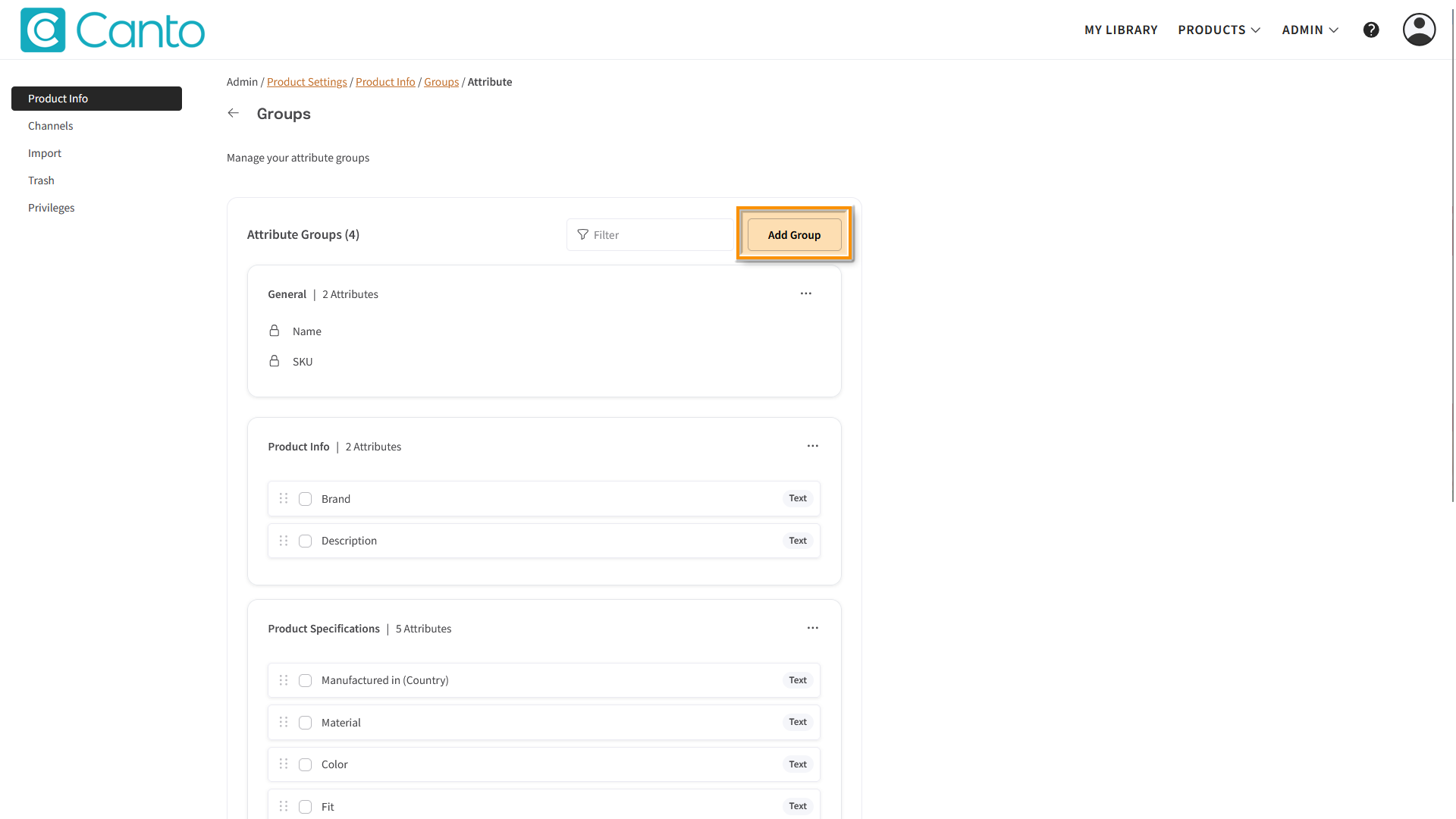 The Attribute Groups page - the "Add Group" button is highlighted.