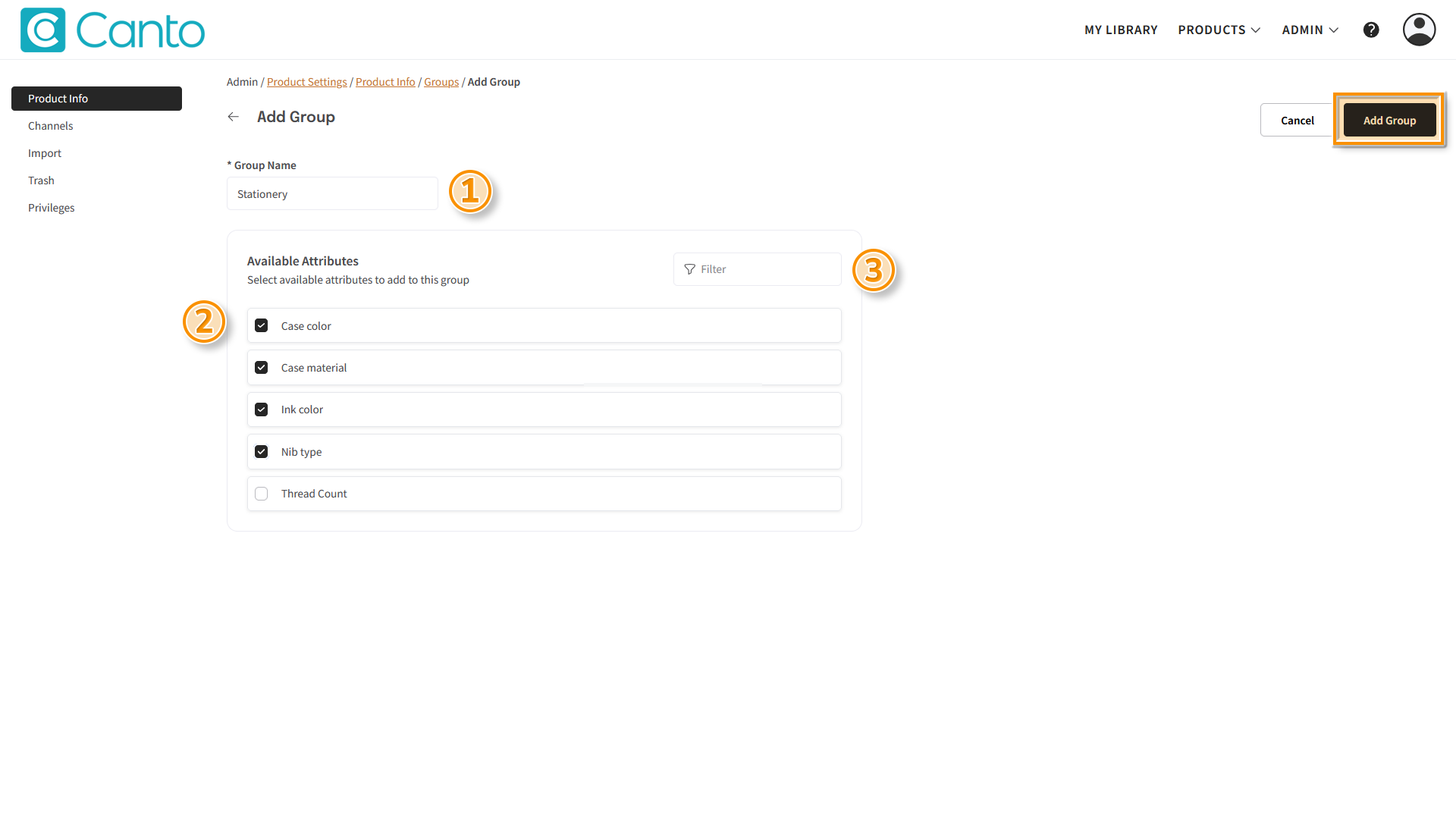 The "Add Group" page - several elements are highlighted.