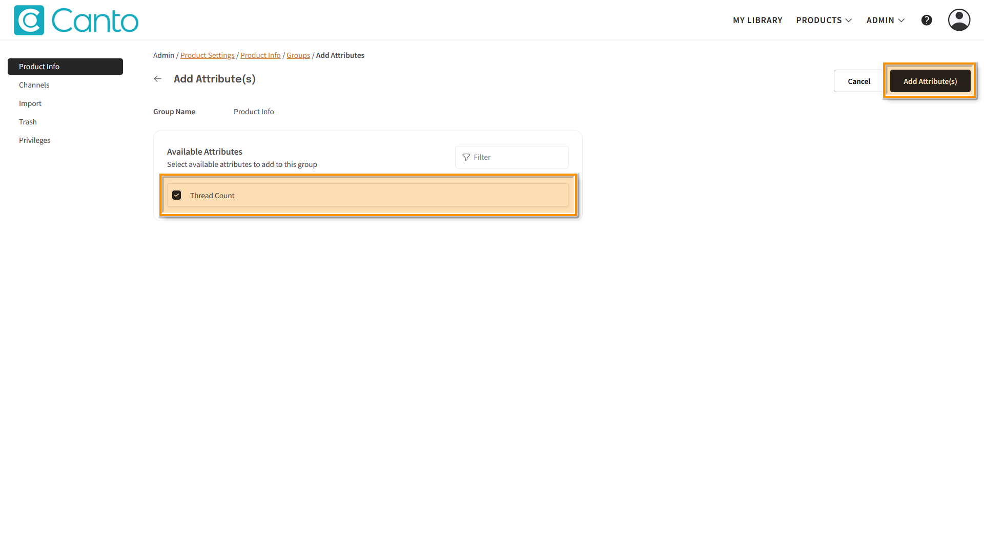 The "Add Attribute(s)" page - several elements are highlighted.