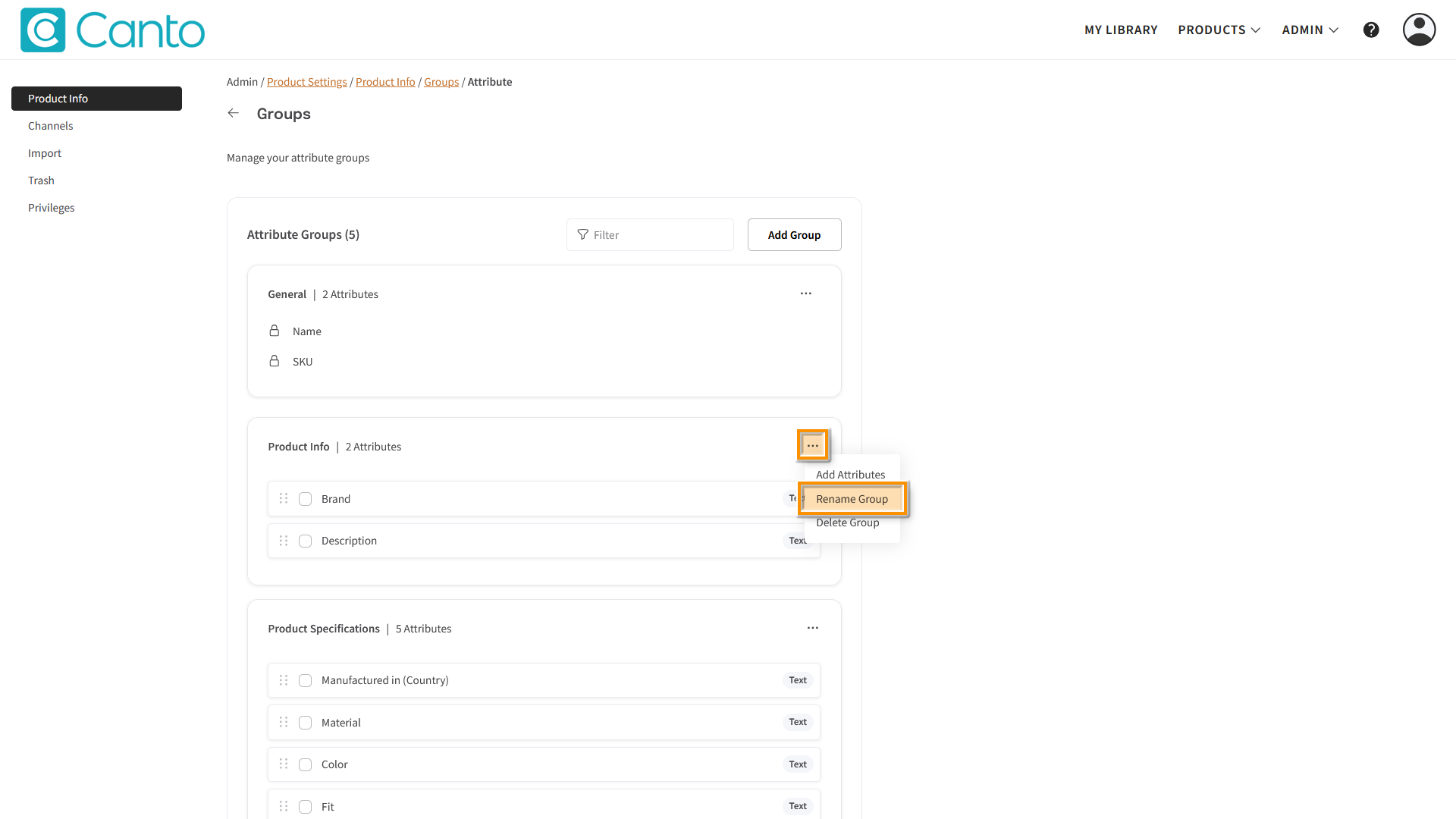 The Attribute Groups page - several elements are highlighted.
