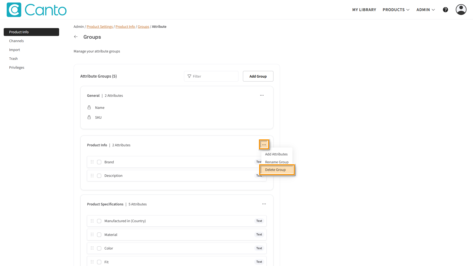 The Attribute Groups page - several elements are highlighted.