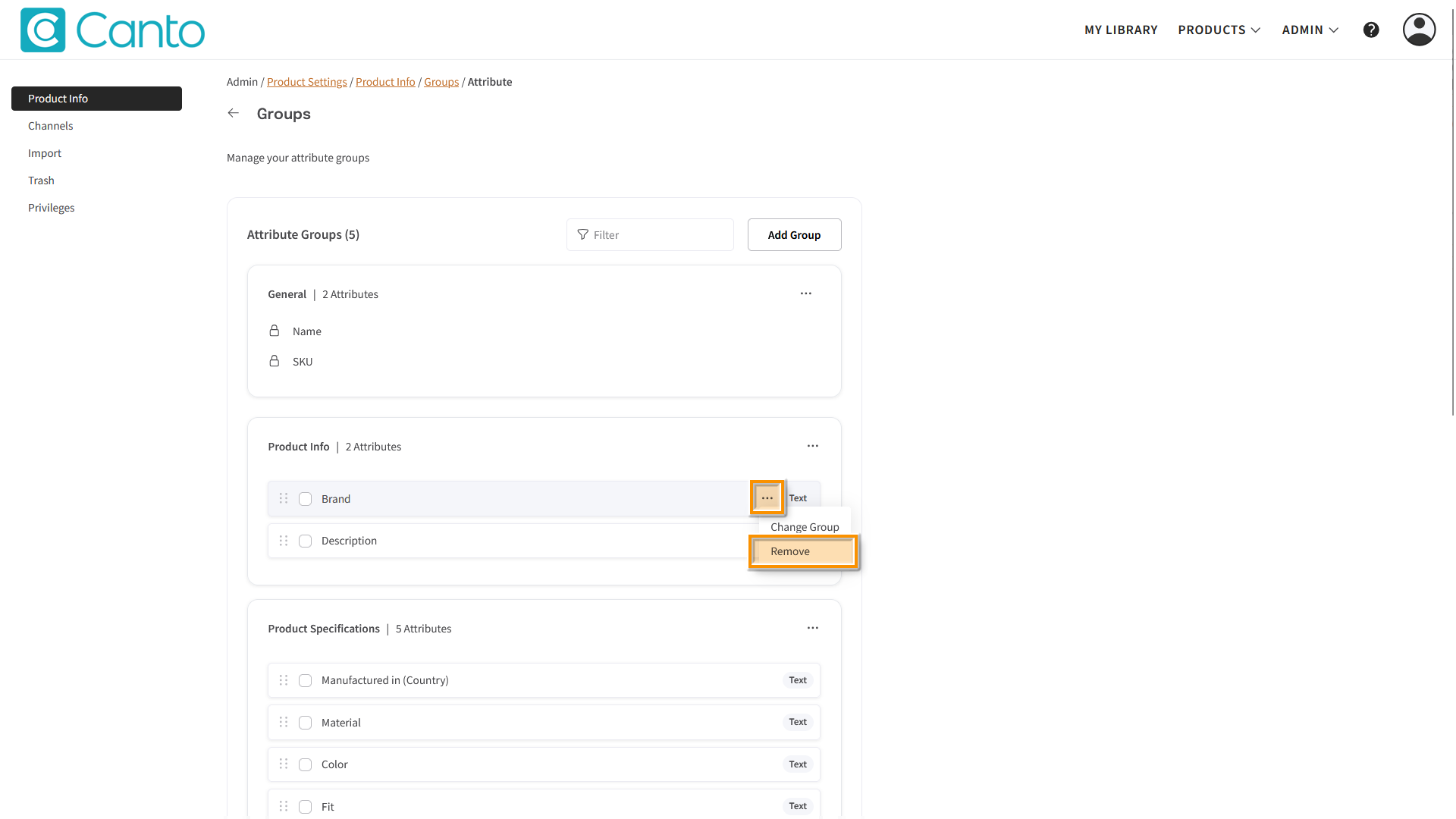 The Attribute Groups page - several elements are highlighted.