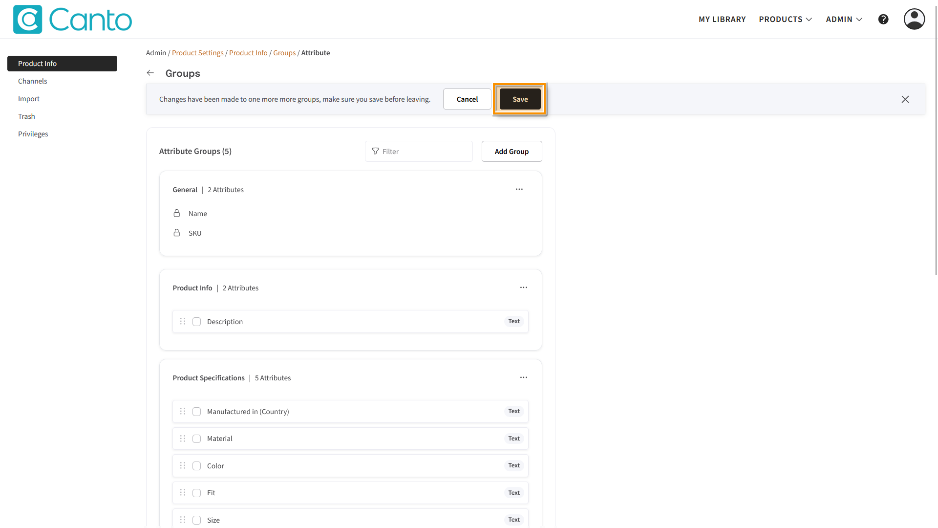 The Attribute Groups page, a confirmation dialog is visible - the "Save" button is highlighted.