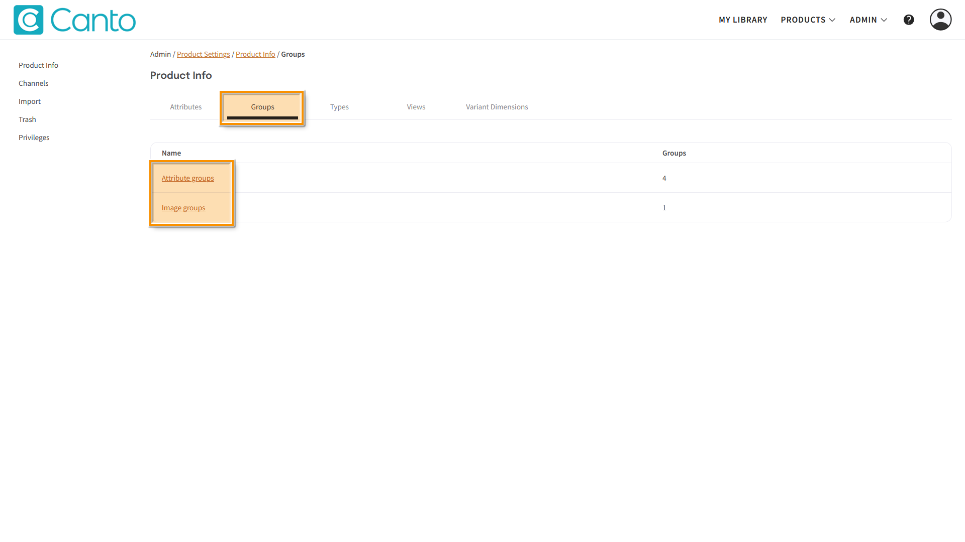 The Product Info page, the "Groups" tab is visible - several elements are highlighted.