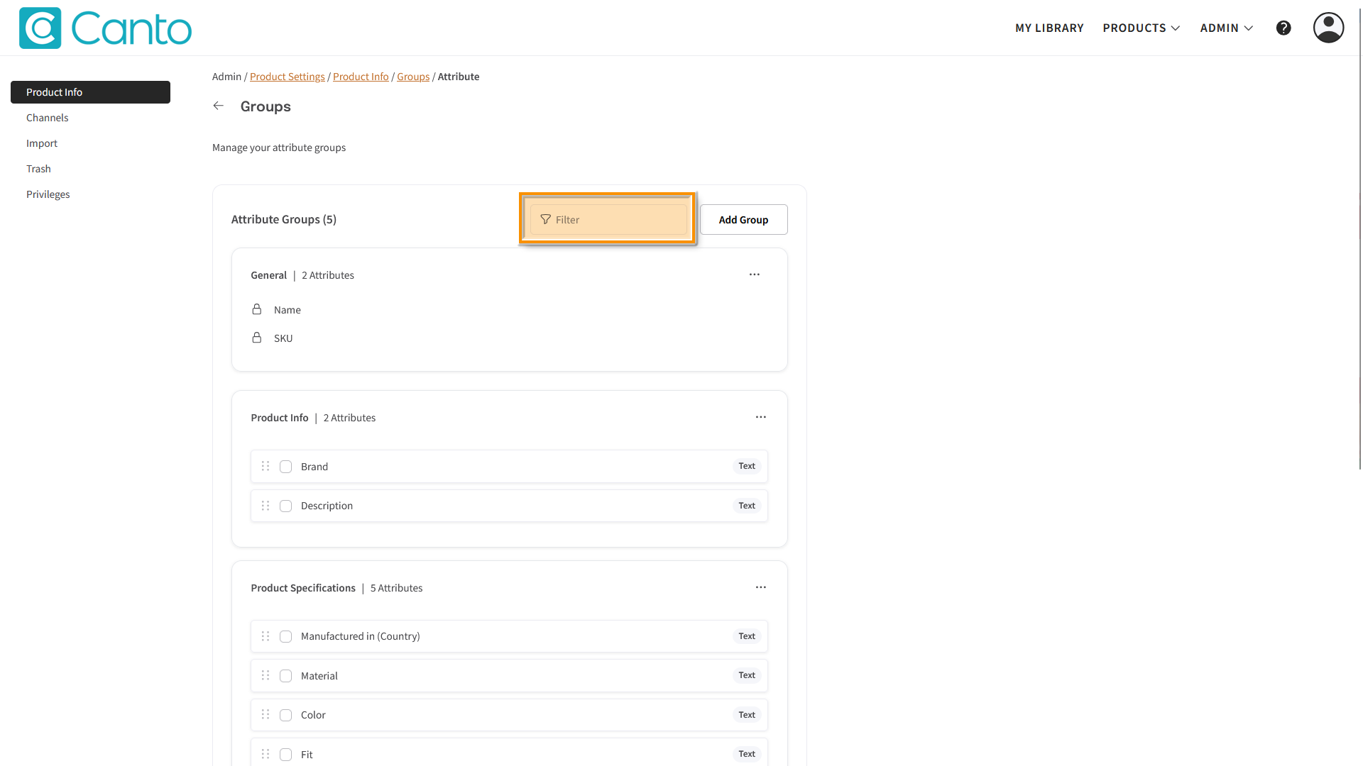The Attribute Groups page - the "Filter" field is highlighted.