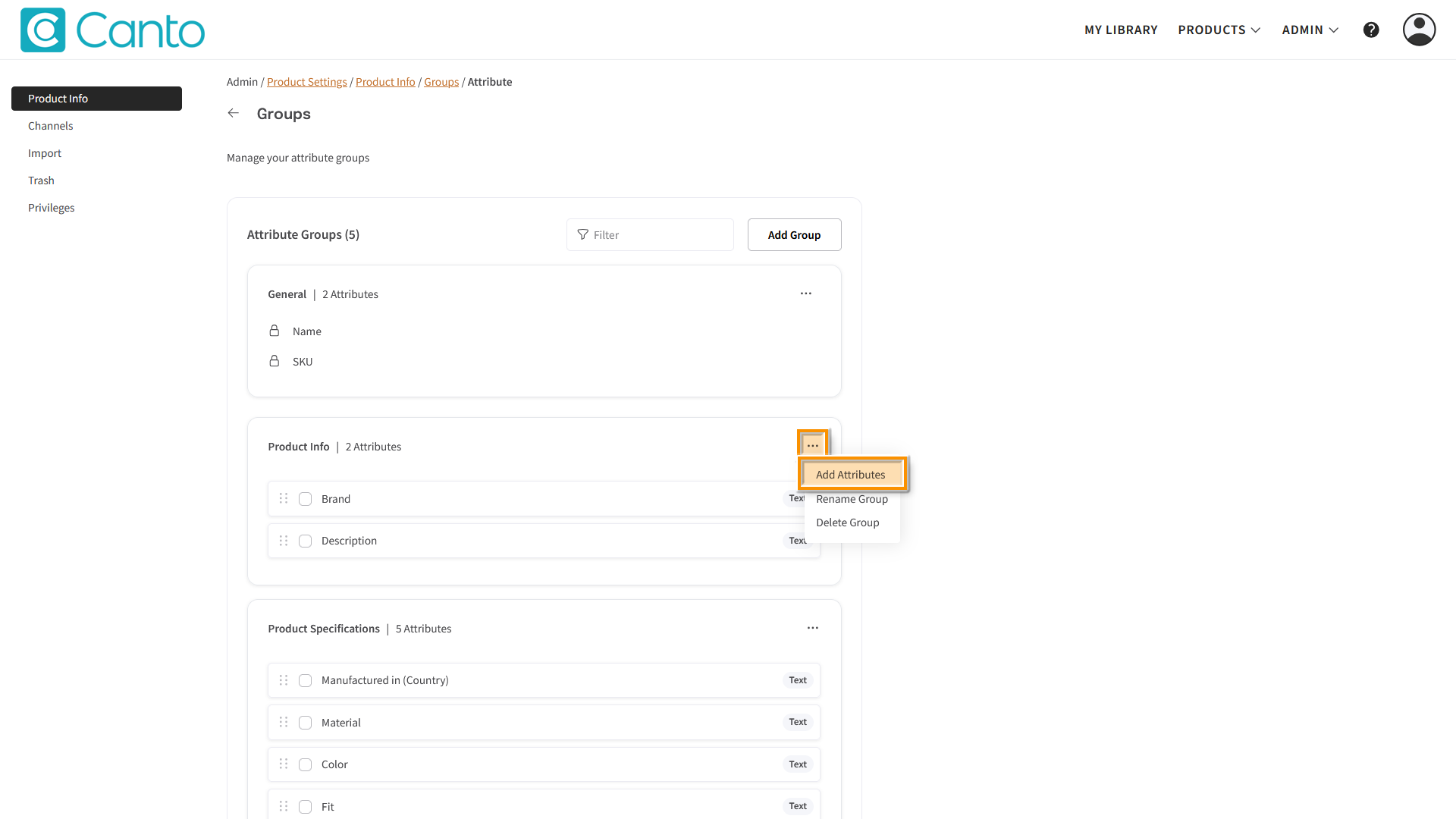 The Attribute Groups page - several elements are highlighted.