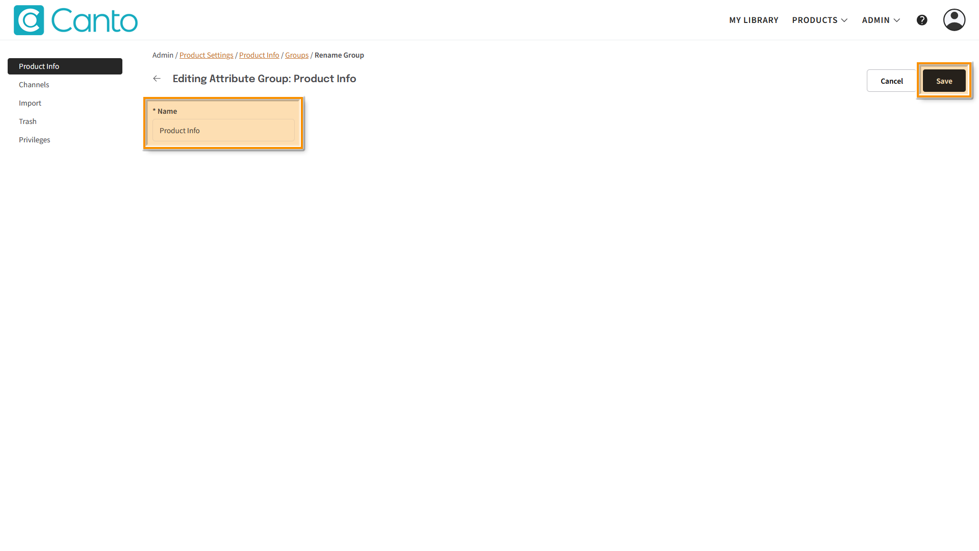 The "Editing Attribute Group: Product Info" page - several elements are highlighted.