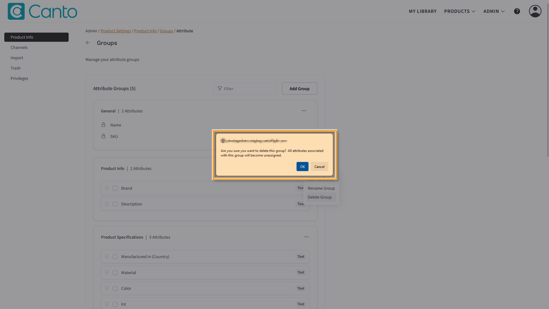 The Attribute Groups page - a confirmation overlay is highlighted.